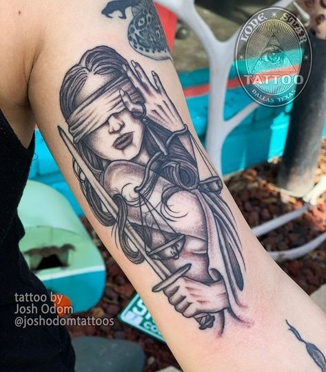 Justice Tattoo For Women, Blindfolded Woman Tattoo, Warrior Tattoos For Women, Lady Justice Tattoo, Lone Star Tattoo, Libra Tattoos, Dallas Tattoo, Justice Tattoo, Left Arm Tattoos