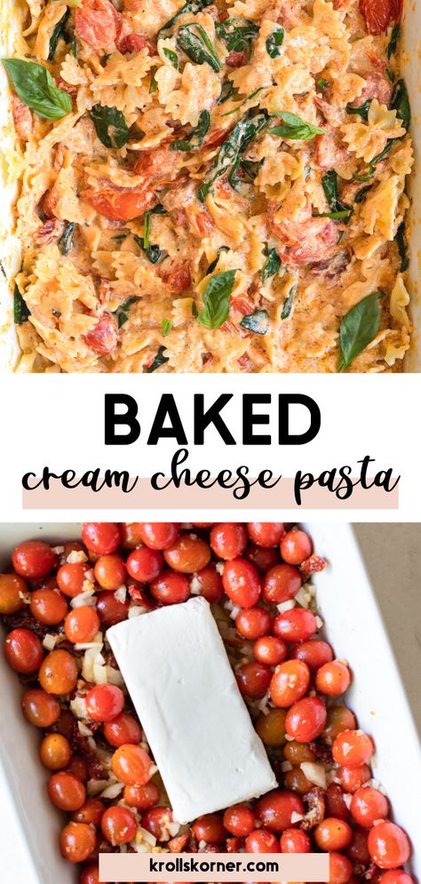 cream cheese and tomatoes in a casserole dish Easy Dinner Recipes Cream Cheese, Cream Cheese In Pasta, Vegetarian Cream Cheese Recipes, Pasta Dish With Cream Cheese, Cream Cheese Recipes Pasta, Pasta Recipe With Cream Cheese, Pasta Bake Cream Cheese, Cherry Tomato Pasta Bake, Cream Cheese Tomato Pasta Bake