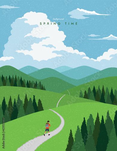 Stock Image: Man walking on path mountain landscape. Climbing, Hiking. Scenic view background. Spring summer outdoor adventure. Web banner, Poster, Card, Book cover. Trendy flat design. Simple vector illustration. Walking Poster Design, Different Paths Illustration, Hiking Animation, Illustrative Advertising, Hiking Illustration, Study 2023, Path Illustration, Outdoor Illustration, Hiking Poster