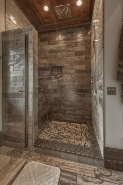 Upgrade your small bathroom with these modern and sleek walk-in shower designs All Tile Shower Walk In No Door, Small Rustic Shower Ideas, Rustic Tiled Shower Ideas, Small Walk In Shower Ideas Tile, Walk In Shower With Door, Walk In Shower Farmhouse, Cave Shower Walk In, Dream Shower Walk In, Open Showers No Door Walk In