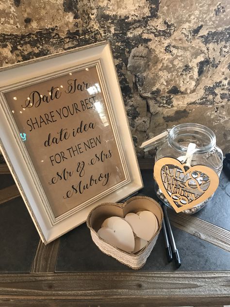 Date Idea Jar Wedding, Wedding Date Jar Ideas, Date Jar Wedding Ideas, Date Ideas Wedding Jar, Marriage Advice Jar Wedding, Wedding Date Night Ideas, Wedding Shower Date Night Jar, Date Night Jar Wedding Reception, Date Night Guest Book