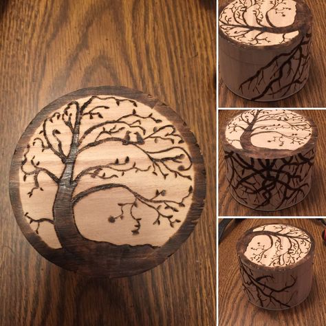 Wood burned tree of life box. By: Sgt. Ski Pyrography Patterns Printable, Printable Tree, Wooden Jewelery, Wood Burn Designs, Pyrography Patterns, Patterns Printable, Wood Slice Art, Wood Burning Crafts, Diy Wooden Projects