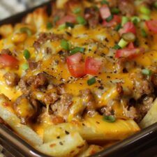 Cheeseburger French Fry Casserole Cheeseburger French Fry Casserole, Fries Casserole, Fry Casserole, French Fry Casserole, Homemade Fries, Crispy French Fries, Frozen French Fries, Fresh Potato, Curly Fries