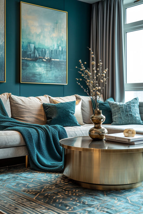 living room ideas, living room decor, teal living rooms,blue living rooms, green living rooms Deep Teal Living Room, Teal Couch Living Room, Teal Living Room Ideas, Green Living Rooms, Teal Sofa Living Room, Lounge Colours, Dining Room Teal, Teal Living Room, Teal Living Room Decor