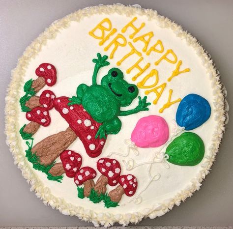 Diy Frog Cake, Frog And Mushroom Cake Ideas, Easy Mushroom Cake, Mushroom Decorated Cake, Frog Cookie Cake, Mushroom Sheet Cake, Mushroom And Frog Cake, Frog Themed Cake, Mushroom Cake Decoration