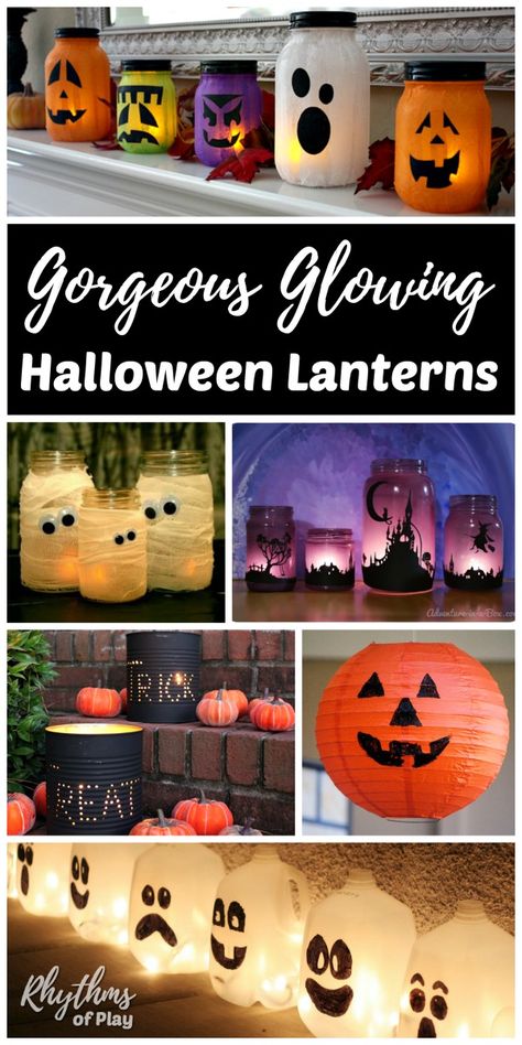 Halloween Lanterns & Luminaries - Check out our round-up of fun, easy, and festive glowing Halloween lantern craft ideas and DIY decorations made with recycled mason jars, cans, jugs, paper bags, cups, bottles, and paper lanterns. Decorate your porch or windows this Halloween with any one of these cool ideas for homemade Halloween decorations. | #HalloweenDecor #HalloweenParty #HalloweenLantern #HalloweenLuminaries #DIYHalloweenDecor #HalloweenDIY #HalloweenCraft #CraftsforKids #KidsCrafts Diy Halloween Lanterns, Halloween Crafts For Adults, Diy Halloween Luminaries, Halloween Lanterns Diy, Lantern Crafts, Halloween Luminaries, Halloween Lantern, Lantern Craft, Homemade Halloween Decorations