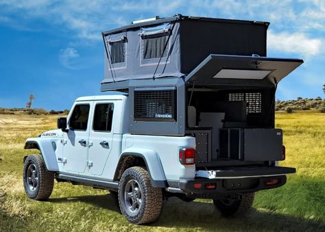 Ultralight $15K camper makes Jeep Gladiator a brilliant 4-man micro-RV Luxury Rv Living, Pickup Camper, Truck Bed Camper, Truck Tailgate, Luxury Rv, Van Living, Premium Packaging, A Truck, Jeep Gladiator