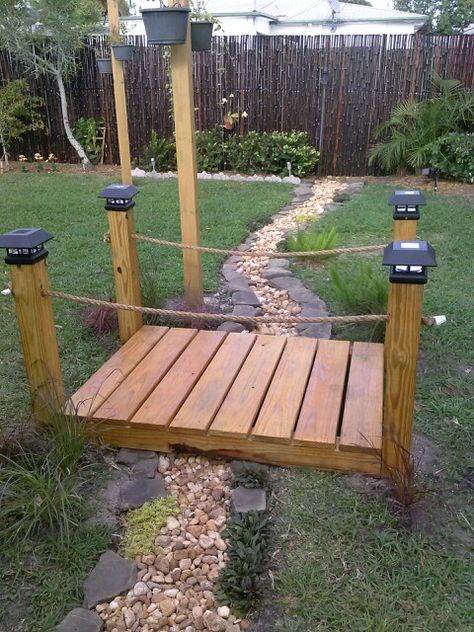 Garden With Bridge Ideas, Backyard Bridges Landscaping, Deck With Bridge, Small Wooden Bridge Garden, Pallet Bridge Wood Walkway, Build A Bridge Over A Creek, Diy Garden Bridge Ideas, Pond Bridge Diy, Bridge Over Drainage Ditch