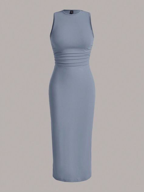 Dusty Blue Elegant Collar Sleeveless Knitted Fabric Plain Tank Embellished Slight Stretch  Women Clothing Textured Fabric Dress, Ribbed Knit Bodycon Dress, Maxi Outfits, Ribbed Bodycon Dress, Long Bodycon Dress, Shein Dress, Color Coral, Elegantes Outfit, Basic Outfits