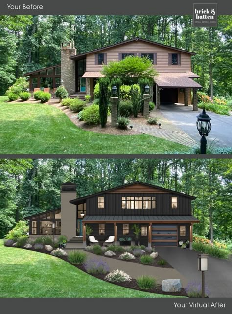 Black And Wood Houses Exterior, Exterior Home Remodel Ideas, How To Modernize Your Home Exterior, Modern Black Houses, Black Exterior House, Modern Black House, Brick House Exterior Makeover, Black Houses, House Makeovers