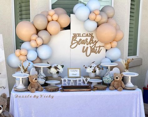 dazzlebyvicky on Instagram: 🐻𝒲ℯ 𝒞𝒶𝓃 ℬℯ𝒶𝓇𝓁𝓎 𝒲𝒶𝒾𝓉🐻 Candy dessert buffet by @dazzlebyvicky Goodie Table Ideas, Bear Theme Treat Table, Dessert Table For Gender Reveal, We Can Barley Wait Baby Shower Theme, We Can Bearly Wait Treat Table, Bearly Wait Table Decor, Dessert For Baby Shower Ideas, We Can Barely Wait Dessert Table, Can Bearly Wait Dessert Table