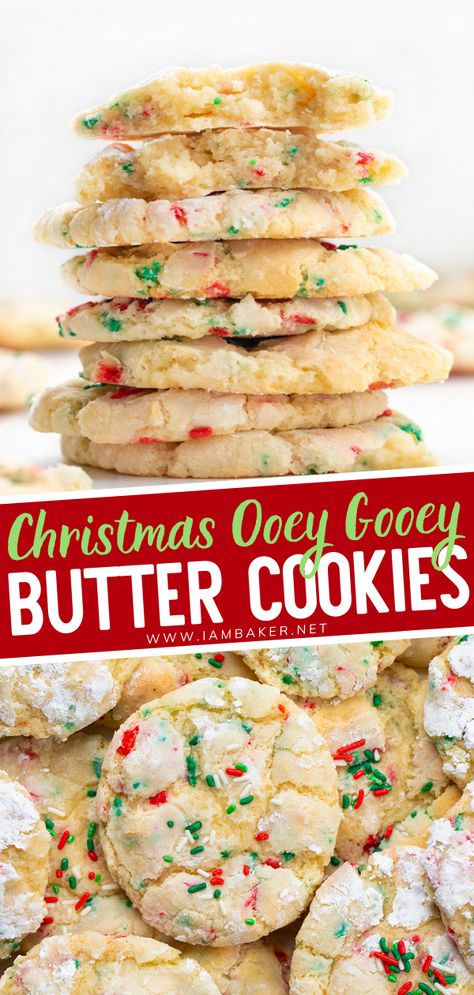 Christmas Butter Cookies, Ooey Gooey Butter Cookies, Christmas Butter, Xmas Cookies Recipes, Cake Mix Cookie, Christmas Cookie Recipes Holiday, Gooey Butter Cookies, Christmas Baking Cookies, Gooey Cookies