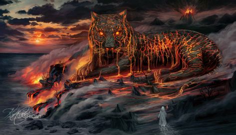 ArtStation - Lava Tiger, Jasric . Fire Tiger, Myths & Monsters, Mythical Creatures Fantasy, Flame Art, Dragon Rpg, Alien Concept Art, Tiger Art, Mythical Creatures Art, Mythological Creatures