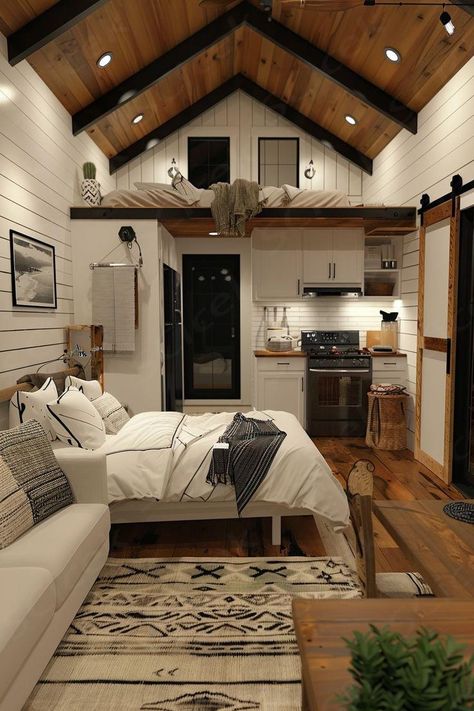 If you think tiny houses can't be jaw-dropping, think again! Tour these 59 small stunners decked out with 2024's hottest design trends - you'll be obsessed. Tiny House Design Small Cottages, Tiny Houses Ideas, Tiny Homes Ideas, Simple Small House, Tiny Cabins Interiors, Inside Tiny Houses, Maximizing Small Spaces, House Plan With Loft, Tiny House Village