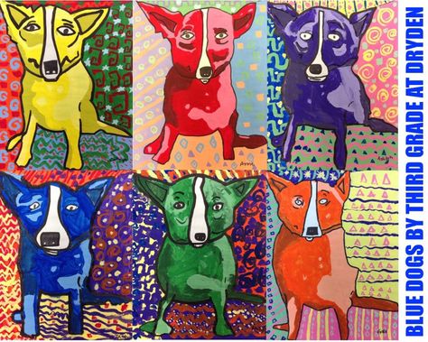 Blue Dogs - Grade 3 Dog Art Projects, Third Grade Art Project, Blue Dog Art, Blue Dog Painting, Third Grade Art, Encouraging Art, Animal Art Projects, 4th Grade Art, 3rd Grade Art