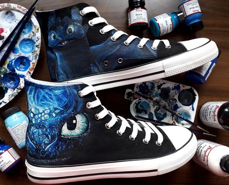 These are one of a kind custom How to train your Dragon hand painted canvas shoes. I use waterproof, permanent fabric paint of the highest quality. I can do any other design you want ,just message me with anything you have in mind so we can work on your own personalized custom pair! :) it can be painted on both sides . Great as a gift to yourself or your loved ones customizing them with a name or a personal dedication ! Wash on gentle cycle below 40 C, but it is always better to spot clean . Bec Converse Custom, Painted Canvas Shoes, Custom Painted Shoes, Daniel Tiger, Hand Painted Shoes, Cute Sneakers, Train Your Dragon, Sneakers Athletic, Idea Board