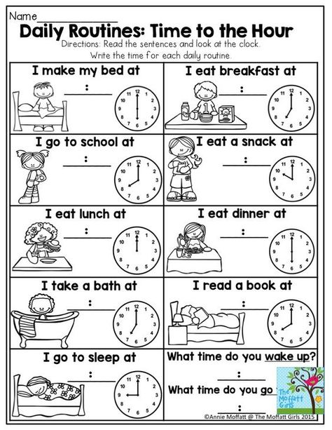 This is a great activity to help ESL students identify their daily routine while also learning about how to tell time. Daily Activities Worksheet, Daily Routine Worksheet, Clock Worksheets, Daily Routine Activities, Time To The Hour, Time Worksheets, 1st Grade Math Worksheets, Teaching Time, English Worksheets For Kids