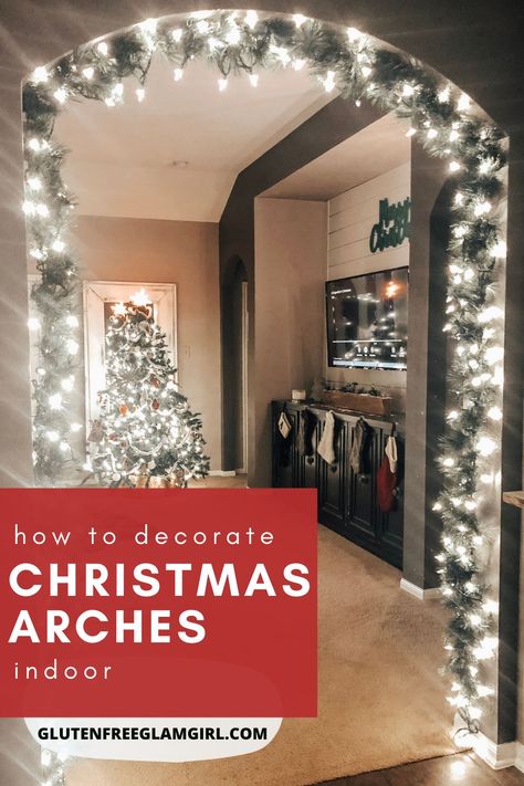 Diy Christmas Indoor Decor, Diy Christmas Doorway Decorations, Decorating Basement For Christmas, Christmas Garland Large Doorway, Christmas Decor Ideas For Doorway, Christmas Decor Ideas Lights Indoor, Christmas Garland Over Arched Doorway, Christmas Decor For Doorways, Christmas Lights Stairs