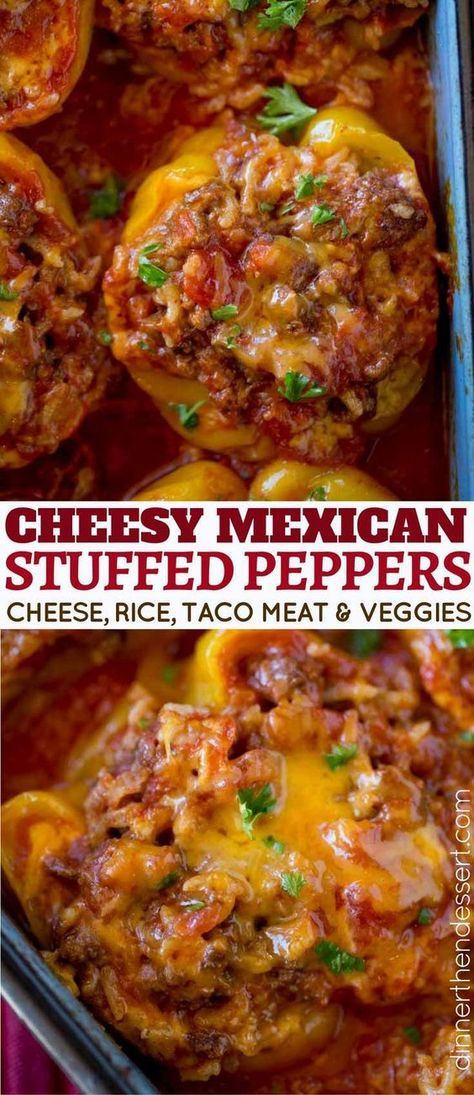 You'll love these Cheesy Taco Stuffed Peppers! Mexican Stuffed Peppers made with ground beef, rice, salsa and cheese. Perfect for meal prepping and easy weeknight dinners! Stuffed Peppers Mexican, Capirotada Recipe, Mexican Stuffed Peppers, Taco Stuffed Peppers, Ground Beef Rice, Authentic Mexican Recipes, Beef Rice, Stuffed Pepper, Beef And Rice