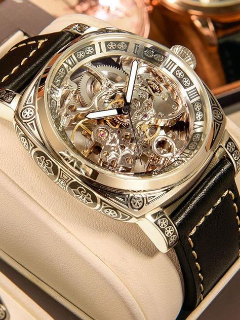 Casual Collar    Wrist Watches Embellished   Men Watches Best Skeleton Watches, Watches For Men Unique, Skeleton Watches, True Gentleman, Gold Belts, Watches Men, Watches Unique, Sports Sunglasses, Mens Gold