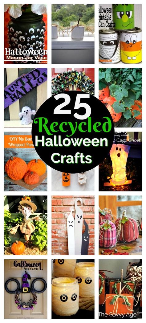 Go green this Halloween by making recycled Halloween Crafts! What a fun way to help the environment and reduce the contribution to landfills by making Halloween crafts from recycled materials. #hallloweencraftsfromrecycledmaterials #recycledhalloweencrafts #hallloweencraftsforkids #halloweendecorationsdiy Halloween Decorations Party Scary, Elegant Halloween Decor, Halloween Office, Halloween Mason Jars, Ghost Crafts, Easy Halloween Decorations, Easy Halloween Crafts, Crafts From Recycled Materials, College Halloween