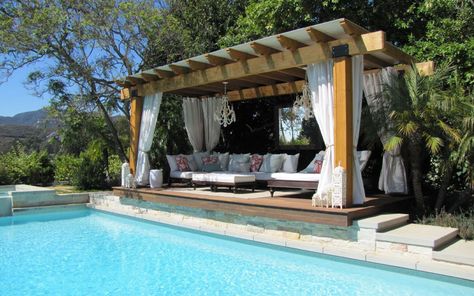 20 Pool Cabana Ideas That'll Make Everyone Say Wow (w/ Tips) Backyard Pool Cabana Ideas, Backyard Pool Cabana, Pool Cabana Ideas, Cabana Ideas, Backyard Cabana, Pool Gazebo, Deck Piscina, Pool Cabanas, Poolside Cabana