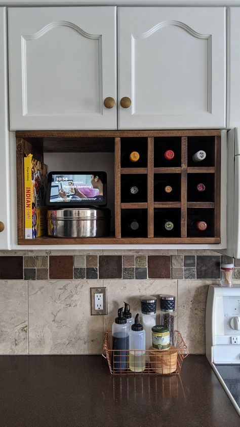 Microwave shelf repurposed into wine rack, cookbook storage and smart speaker shelf. Small Kitchen Wine Storage, Repurpose Microwave Cabinet, Wine Rack Above Microwave, Microwave Shelf Ideas, Microwave Nook, Microwave Shelf Cabinet, Eclectic Granny, Kitchen Cabinet Wine Rack, Barn House Kitchen