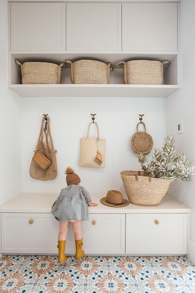 Mud Room Styling, Clean Boho Decor, Simple Mudroom Laundry Room Ideas, Mudroom Ideas Entryway Board And Batten, Drop Room Ideas, Kyal And Kara Laundry, Entry Bench And Storage, Mud Room Seat, Diy Mudroom Storage Bench