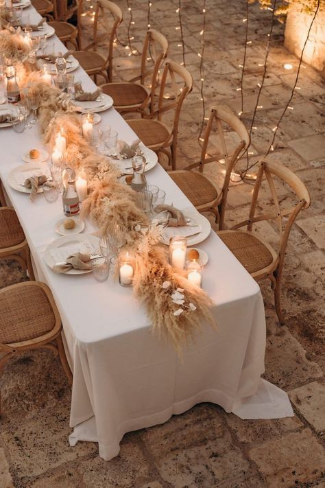 Boho Wedding Dinner Table, Pampas Grass Table Runner, Cream And Champagne Wedding, Boho Wedding Decorations Table, Boho Wedding Tables, Boho Wedding Table Setting, Celestial Blanket, Boho Wedding Table Decorations, Wedding Inspo Boho