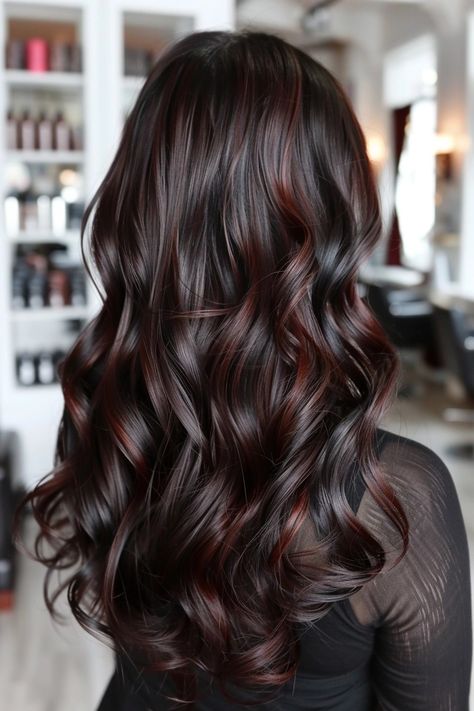 Fall Hair Color For Brunettes Red Dark Auburn Highlights, Dimensional Brunette With Red, Rich Dark Brown Hair With Highlights, Chocolate Cherry Highlights On Dark Hair, Dark Brown Hair With Mahogany Balayage, Lowlights In Dark Brown Hair, Dark Brown Hair With Red And Blonde Highlights, Trending Hair Colors 2024, Hair Colors For Dark Brown Hair