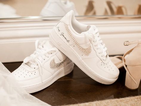 Wedding Tennis Shoes, Wedding Sneakers For Bride, Bride Sneakers, Wedding Shoes Sneakers, Reception Shoes, White Nike Air Force 1, Wedding Reception Outfit, Reception Outfits, White Nike Air Force