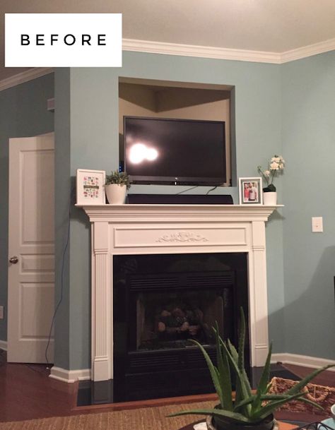 How To Cover Tv Hole Above Fireplace, Cover Tv Hole Over Fireplace, Tv Cutout Above Fireplace Coverup, Covering Tv Niche Above Fireplace, Cover Tv Hole Above Fireplace, Fireplace Cubby Hole Ideas, Tv Hole Above Fireplace Ideas, Tv Cabinet Above Fireplace, Alcove Above Fireplace