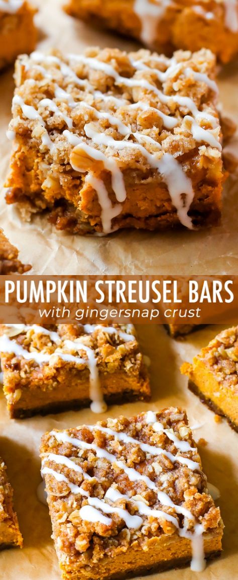 Instead of pumpkin pie this season, try my pumpkin streusel bars. With a gingersnap crust and brown sugar streusel topping, everyone will want seconds! Recipe on sallysbakingaddiction.com Desserts Nutella, Pumpkin Streusel, Streusel Bars, Weight Watcher Desserts, Smores Dessert, Dessert Oreo, Gingersnap Crust, Sally's Baking, Pumpkin Desserts