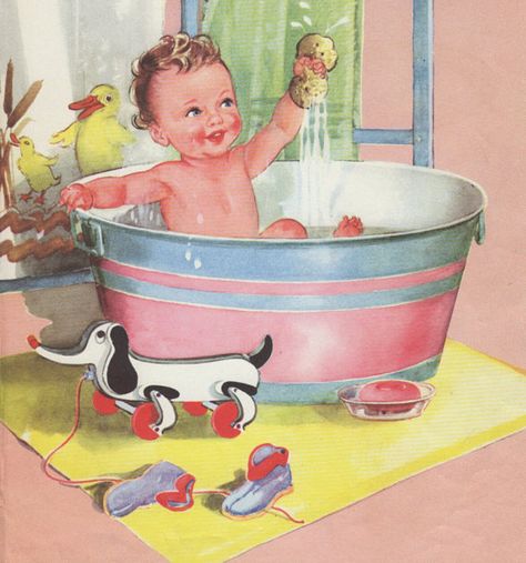 DOROTHY 1950s Illustration, Bath Illustration, Vintage Baby Pictures, Antique Nursery, Etiquette Vintage, Baby Nursery Themes, Baby Illustration, Baby Bath Time, Baby Decor