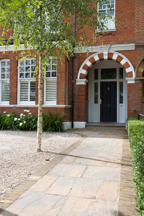 Front Drive Landscaping, Victorian House Driveway Ideas, 1930 Garden Design, Terrace House Driveway, 1930s Front Garden, Front Garden Tiles, Terraced House Driveway, Front Garden London, Front Garden With Driveway