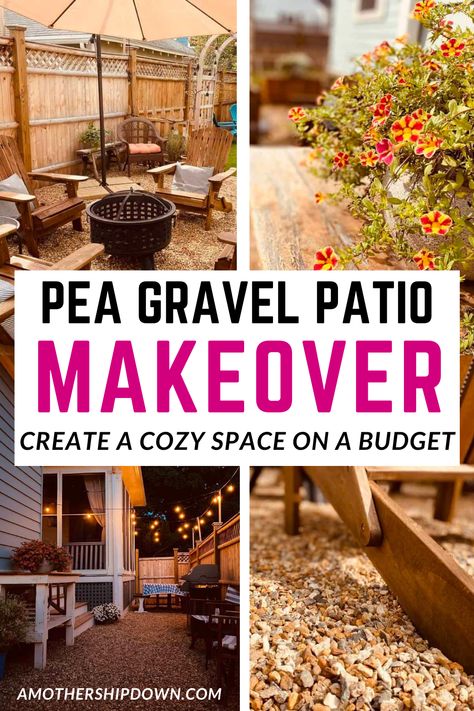 A pea gravel patio is a budget-friendly way to significantly improve your backyard. You can create a cozy side yard or small patio space, including a pea gravel fire pit area, to enjoy with your family. This makeover post will give you some pea gravel patio ideas to help get you started. Within a few days you can completely transform the look and feel of your outdoor space, for a fraction of the cost of a deck or brick patio. Gravel Patio Diy, Pebble Patio, Pea Gravel Patio, Patio Ideas On A Budget, Small Outdoor Patios, Gravel Landscaping, Small Fire Pit, No Grass Backyard, Raised Patio