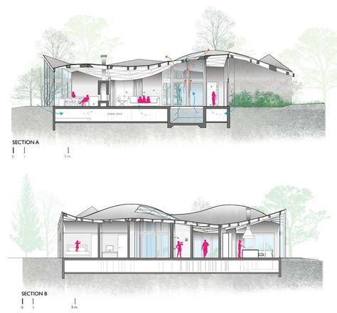 Section diagrams of a wood house with a curvy roof. Section Of Curved Building, Curvy Roof Architecture, Curvy Architecture Model, Curved Roof House, Curvy Buildings Architecture, Section In Architecture, Roof Ideas Architecture Design, Curved Building Architecture, Curved Roof Structure