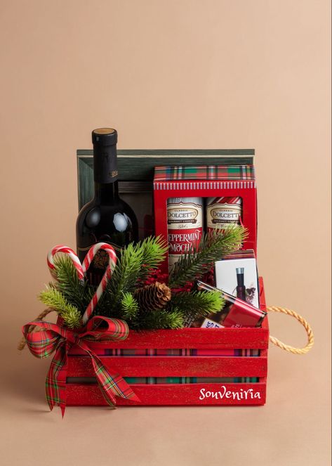 Gift For Crafter, Wine Gift Box Ideas Christmas, Xmas Box Ideas, Wine Basket Gift Ideas Christmas, Wine Christmas Gifts Basket, Wine Present Ideas, Box Present Ideas, Christmas Present Decorations, Gift Basket Ideas For Christmas