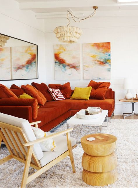 the best stools Red Sofa Living, Red Sofa Living Room, Burnt Orange Living Room, Sofa Luxury, Twentynine Palms, Desert House, Orange Sofa, Renovation Inspiration, Living Room Orange