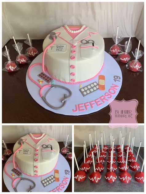 Medical Assistant graduation cake and cake pops Medical Assistant Graduation Party, Medical Assistant Graduation Party Ideas, Medical Assistant Cake, Physician Assistant Graduation Party, Medical Cake Pops, Tk Graduation, Medical Assistant Graduation, Taylor Graduation, Medical School Graduation Party Ideas