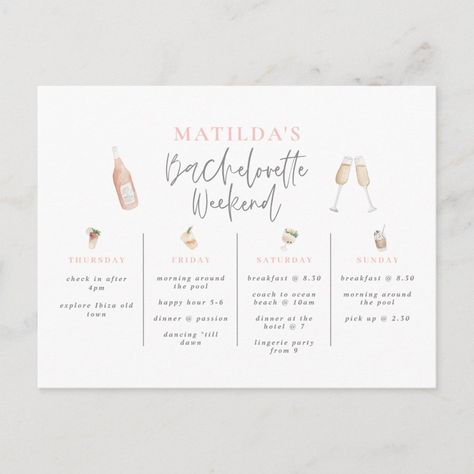 Watercolor drinks bachelorette weekend itinerary postcard | #elegant #modern #girly #script #pink #simple #bachelorette #bacheloretteweekend #bacheloretteitinerary #chic Simple Bachelorette, Watercolor Drinks, Itinerary Invitation, Bachelorette Weekend Itinerary, Hen Weekend, Bachelorette Itinerary, Bachelorette Party Planning, Bridal Bachelorette Party, Weekend Itinerary