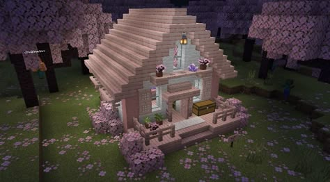 Pink Cabin Minecraft, Easy Pink Minecraft House, Tiny Cherry Blossom House Minecraft, Small Pink Minecraft House, My Melody Minecraft House, Minecraft Cherry Blossom House Simple, Minecraft Pink House Ideas, Cute Minecraft Houses Pink, Coquette Minecraft House