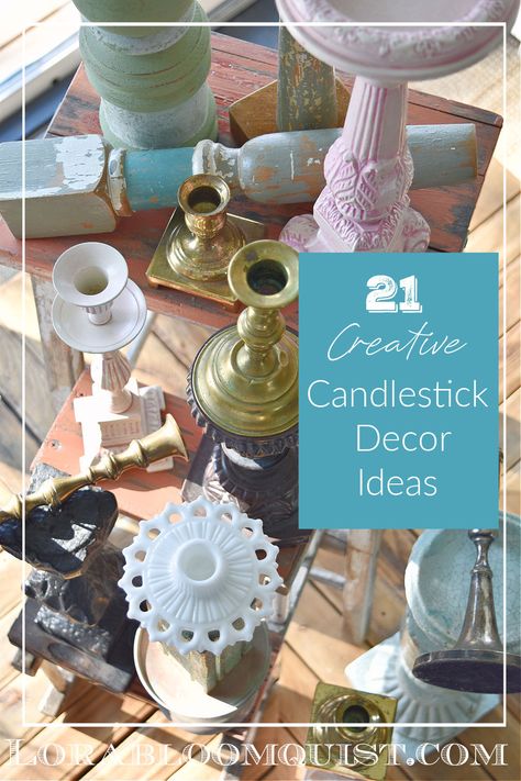 Candlestick Display Ideas, Crystal Candlesticks Decorating With, Decorate With Candle Holders, Other Uses For Candle Holders, Candlestick Crafts Diy, How To Style Candlesticks, How To Decorate Candle Holders, Decorate With Candlesticks, Styling Candle Holders