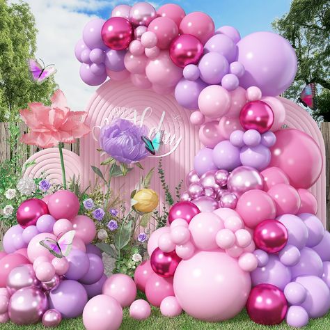 PRICES MAY VARY. 🎈 Purple and Pink Balloon Garland Arch Kit - The Pink Purple Party Balloons Set including: 10'' 8pcs double stuffed metallic hot pink balloons, baby pink latex balloons (18'' 1pc+10'' 15pcs+5'' 10pcs), lilac helium balloons (18'' 1pc+10'' 15pcs+5'' 10pcs), dark pink balloons (18'' 1pc+10'' 10pcs), pink metallic balloons (10'' 10pcs+5'' 5pcs), 16ft stripe tape and 100pc sticky dots. perfect for music fans party disco birthday party. 🎈 High Quality Balloons - Our purple pink bir Pink Purple And Gold Birthday Party, Lounge Birthday Party Decor, Whimsical Party Theme, Lilac Birthday Decorations, Lavender Balloon Arch, Pink And Purple Balloon Garland, Purple Balloon Garland, Pink Purple Party, Dusty Light Pink