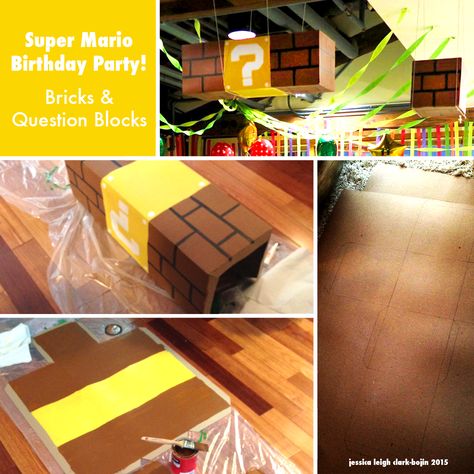 Welcome to our Super Mario Bros kid's birthday party! To save time, I cut out a piece of 10"x10" paper and traced it repeatedly on heavy card stock to form the net for the bricks. The rule is "tab miss, tab miss" when making 2D shapes to fold into three dimensions. They are pretty simple - cut out, score the folds, paint, fold up, hot glue together. -J #Nintendo #SuperMario #KidsParty Yoshi Party, Mario Halloween Costumes, Mario Halloween, Mario Bros Birthday Party Ideas, Nintendo Party, Mario Theme, Super Mario Bros Birthday Party, Super Mario Bros Party, Son Birthday