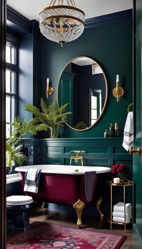 28 Charming Vintage Bathroom Decor Ideas Dark Colors Bathroom, Art Deco Inspired Bathroom, Moody Purple Bathroom, Small Moody Bathroom Ideas, Dark Green Small Bathroom, Kelly Green Bathroom, Dark Vintage Bathroom, Bold Half Bathroom Ideas, Jewel Toned Bathroom