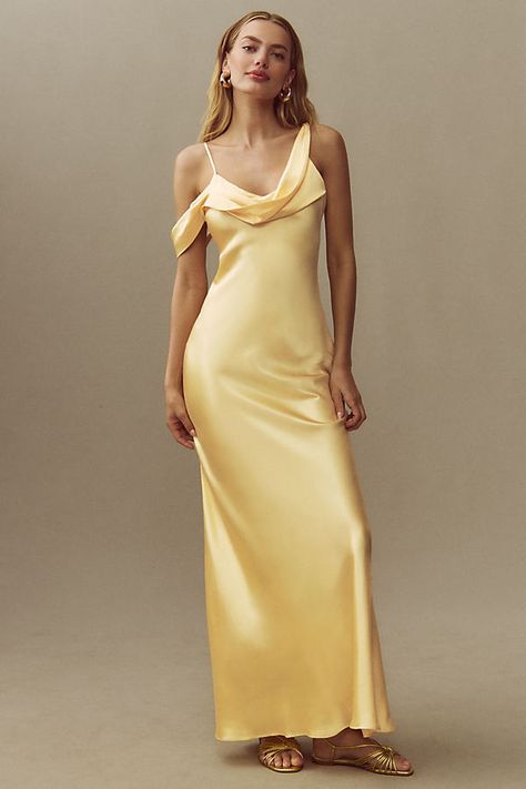 The Reformation Ronda Asymmetrical Cowl-Neck Silk Maxi Dress exudes effortless elegance with its column silhouette, featuring a chic cowl neckline that's enhanced by its luxurious silk charmeuse fabric. | Ronda Asymmetrical Cowl-Neck Silk Maxi Dress by Reformation in Yellow, Women's, Size: 8 at Anthropologie Pastel Yellow Bridesmaid Dresses, Pale Yellow Bridesmaid Dresses, Different Bridesmaid Dresses, Silk Yellow Dress, Charmeuse Fabric, The Reformation, Yellow Maxi Dress, Yellow Bridesmaid Dresses, Maid Of Honour Dresses