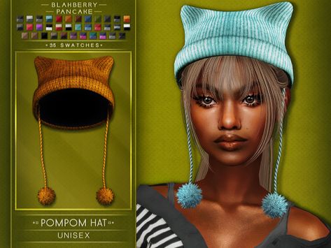 POMPOM HAT - unisex - BlahberryPancake - The Sims 4 Download - SimsFinds.com Sims 4 Cat Beanie Cc, Sims 4 Cat Beanie, Backwards Cap Sims 4 Cc, Sims 4 Beanie Cc, Sims 4 Hat Cc, Ts4 Accessories, Y2k Hat, Cc Hats, Alpha Cc