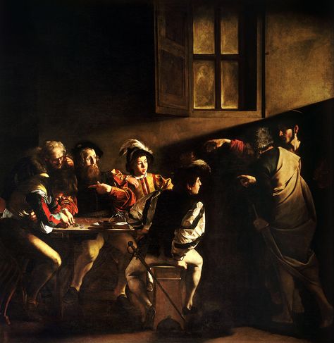 CARAVAGGIO La Vocación de San Mateo Michelangelo Caravaggio, Art History Timeline, Caravaggio Paintings, St Matthew, Saint Matthew, Baroque Painting, Rome Antique, Baroque Art, Italian Painters