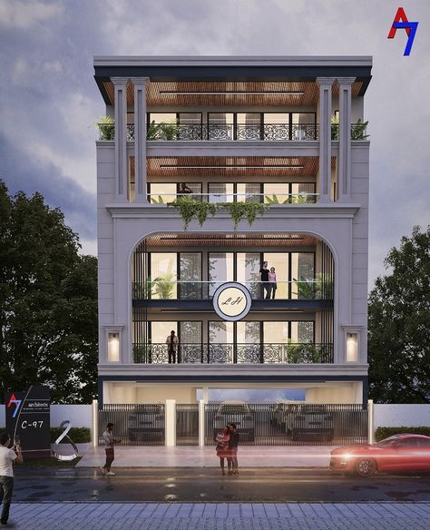 Stilt House Elevation, Classical Front Elevation Design, Classic Apartment Exterior Design, Hotel Front Elevation Design, Builder Floor Elevation, Commercial Complex Elevation, Apartment Elevation, Builder Floor, House Structure Design